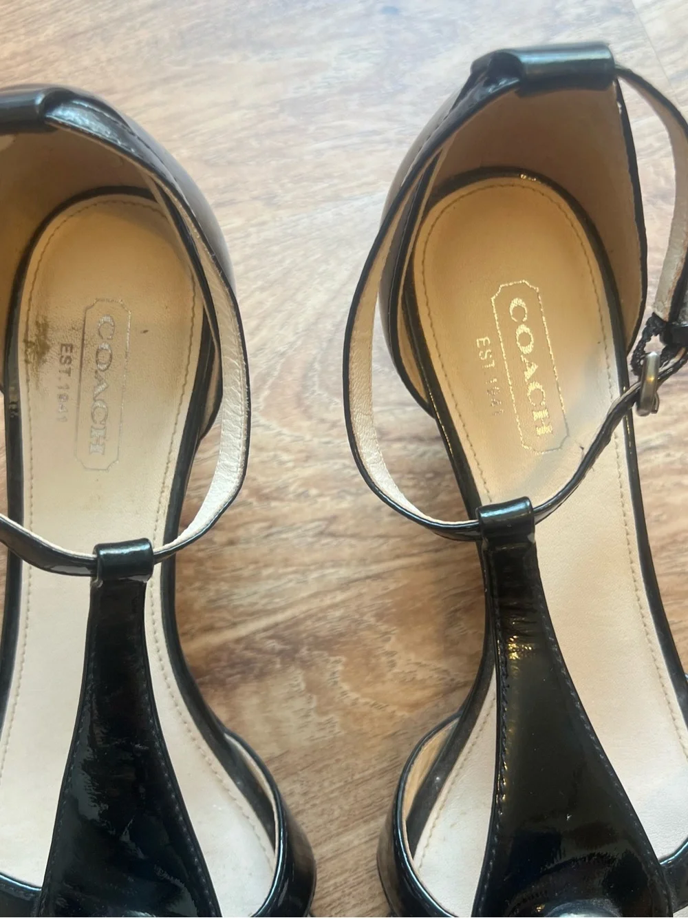 Vintage Coach Black Patent Leather T-Strap Heels with Silver Medallion
